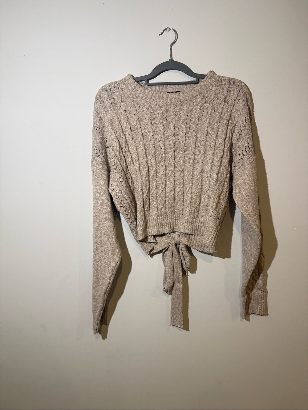 Tie-Front Cable Knit Sweater - Beige